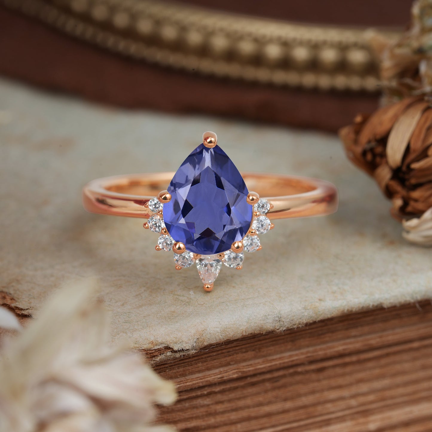 Pear Cut Vintage Tanzanite Engagement Ring Cluster Ring for Women