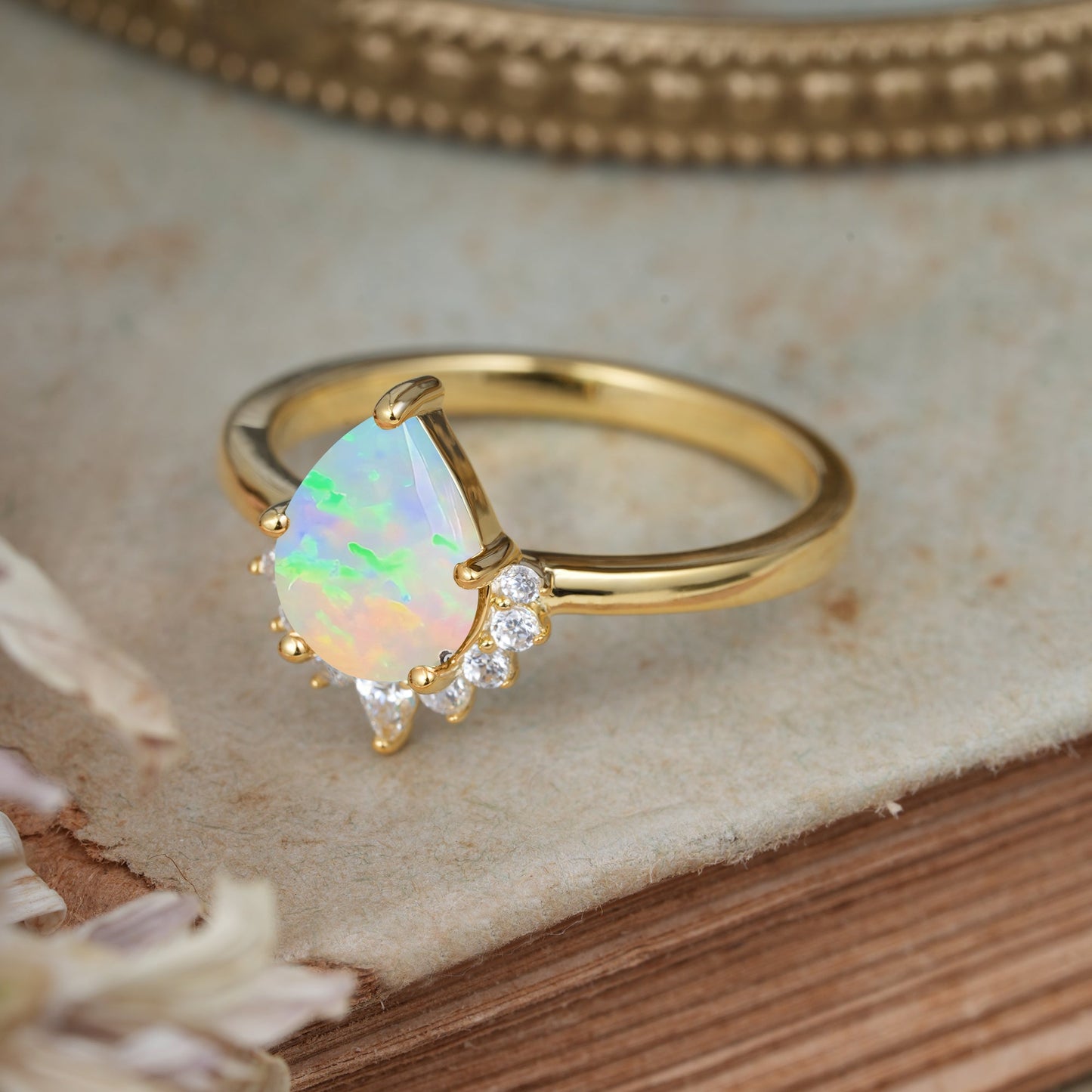 Pear Cut Vintage Fire Opal Engagement Ring Cluster Ring for Women
