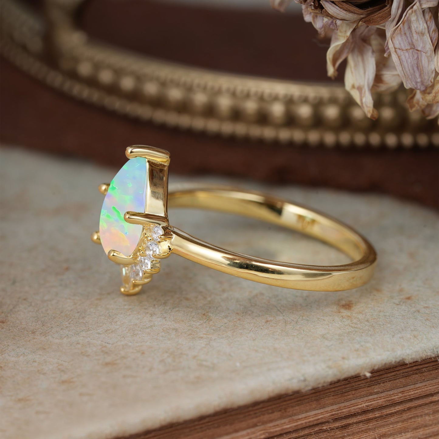 Pear Cut Vintage Fire Opal Engagement Ring Cluster Ring for Women
