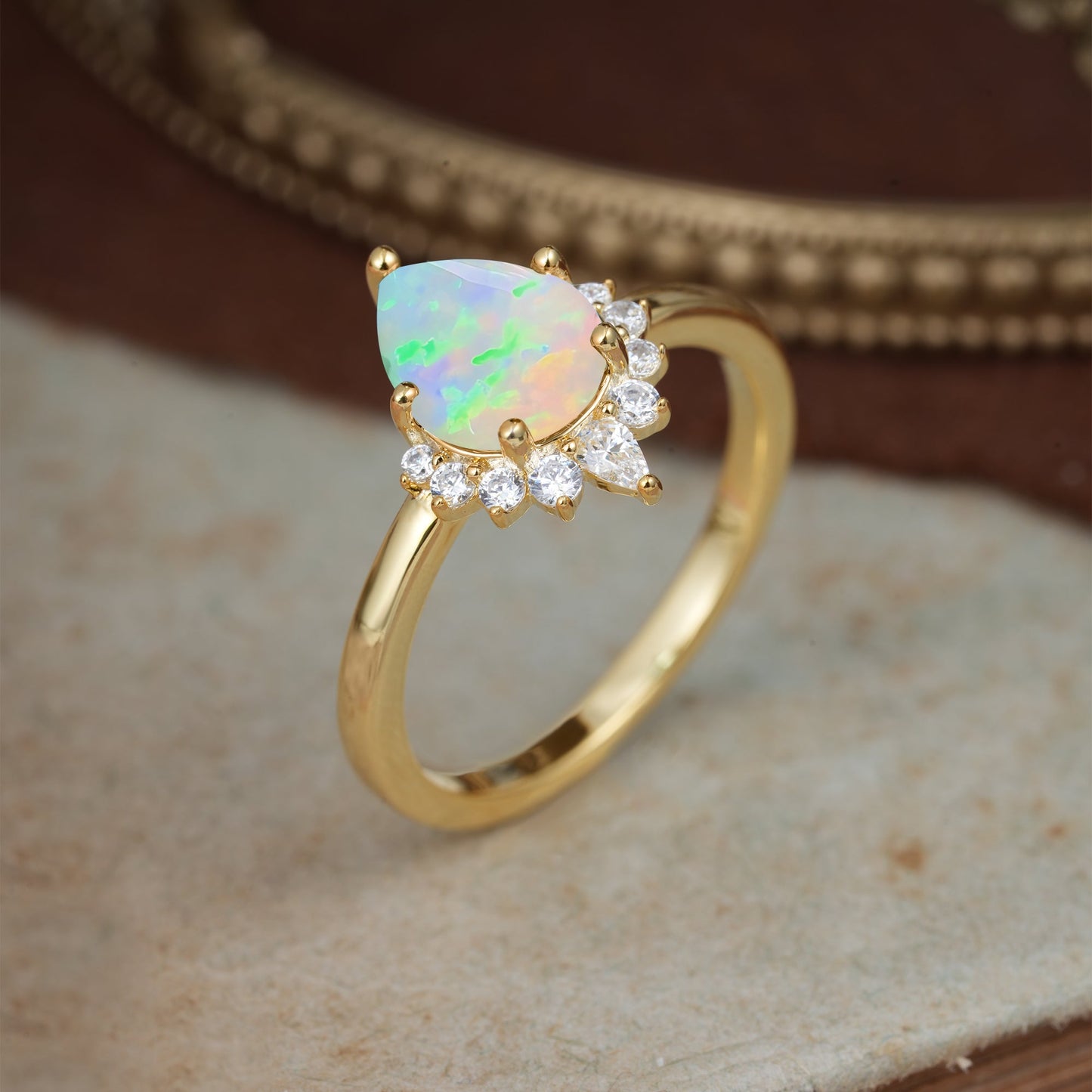 Pear Cut Vintage Fire Opal Engagement Ring Cluster Ring for Women