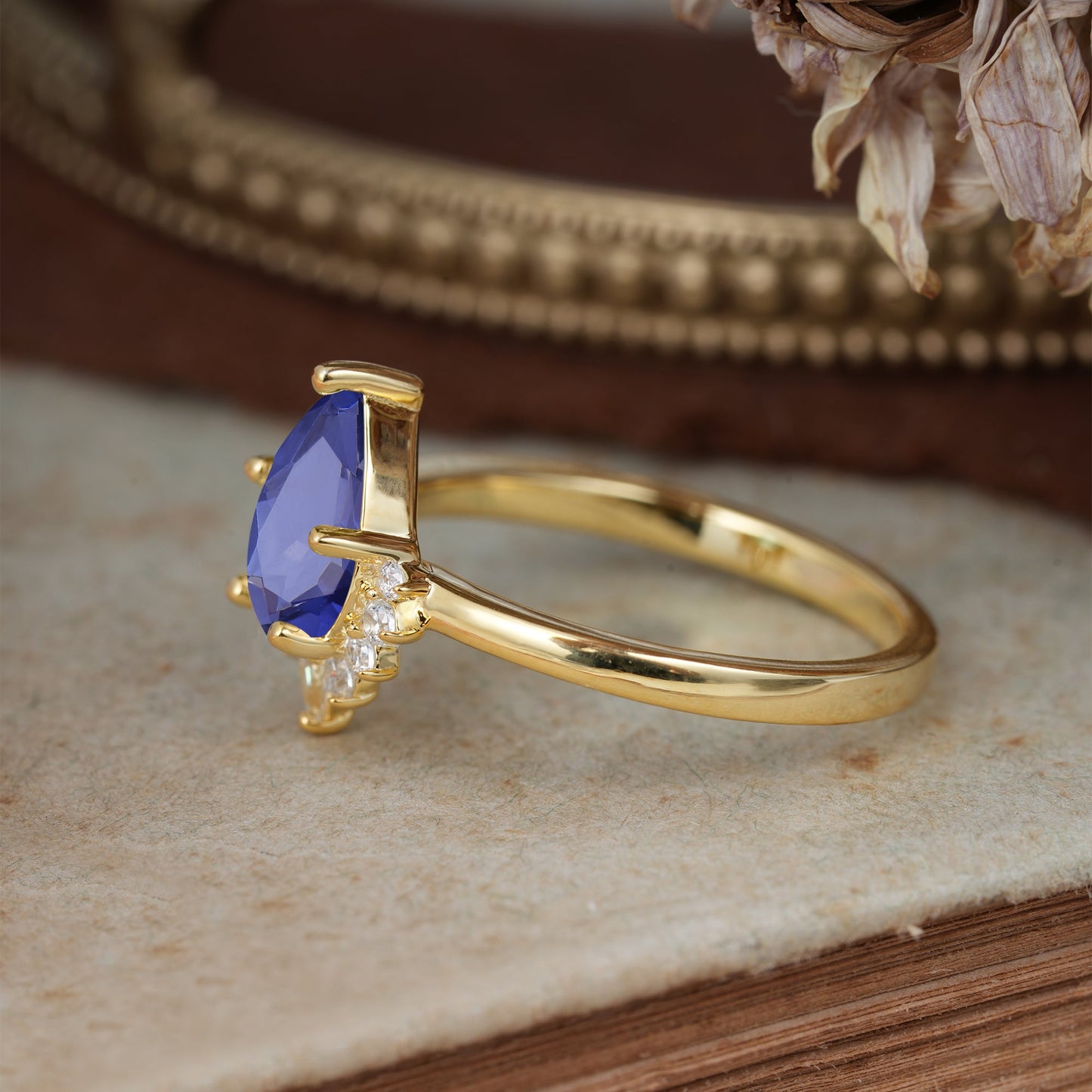 Pear Cut Vintage Tanzanite Engagement Ring Cluster Ring for Women