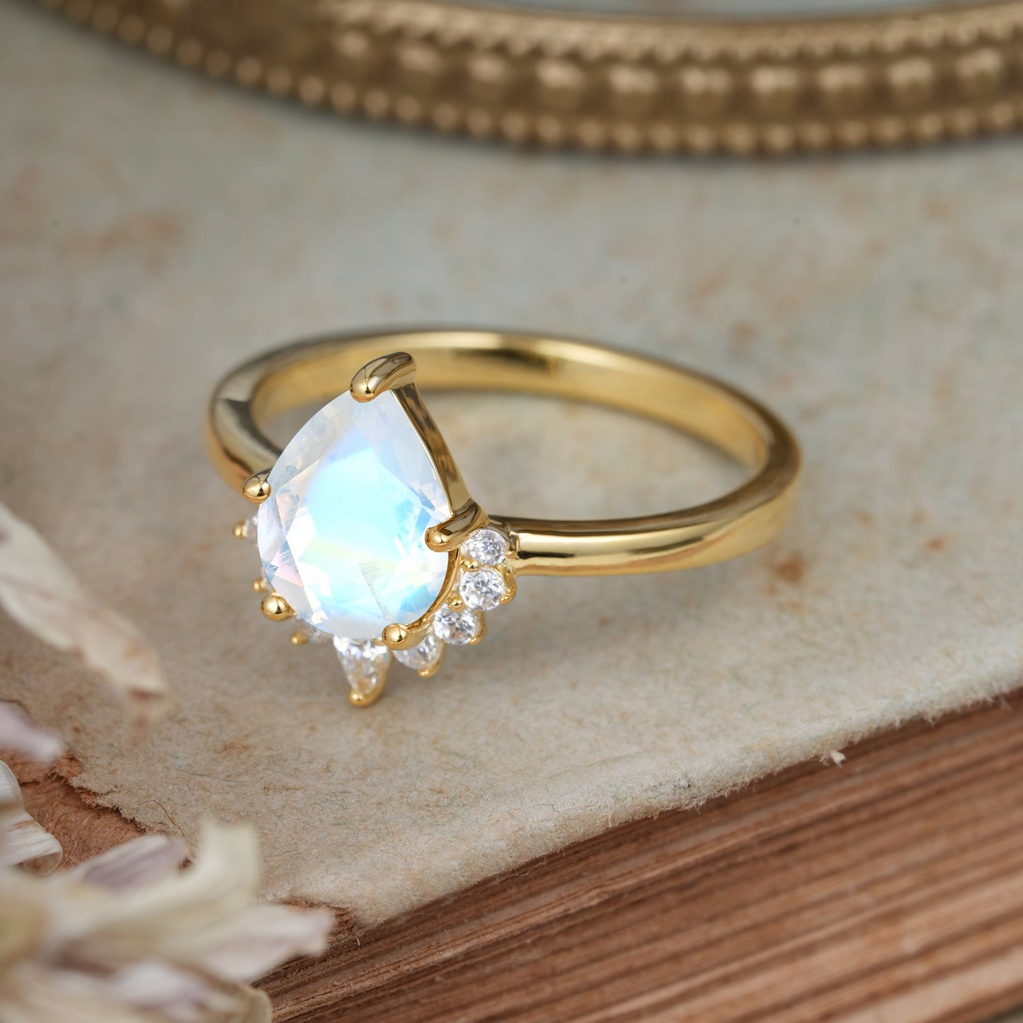Pear Cut Vintage Moonstone Engagement Ring Cluster Ring for Women