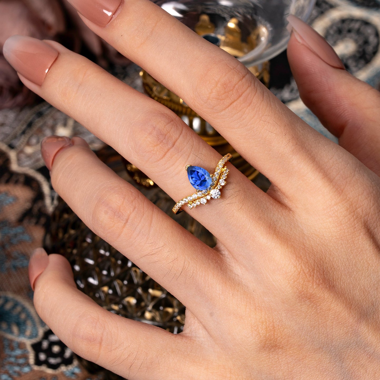 3 Prong Pear Cut Sapphire Dainty Crown Engagement Ring