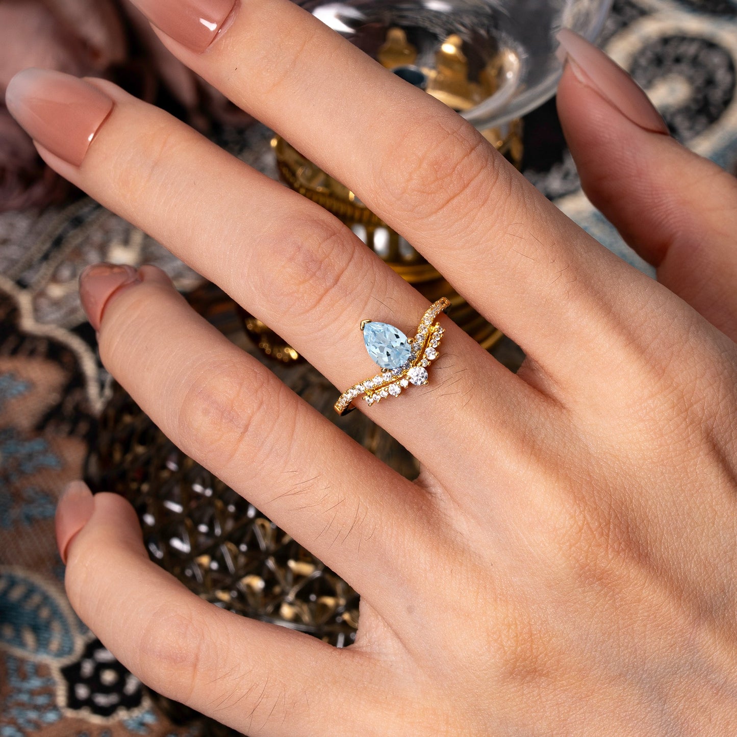 Pear Cut Aquamarine Dainty Crown Engagement Ring