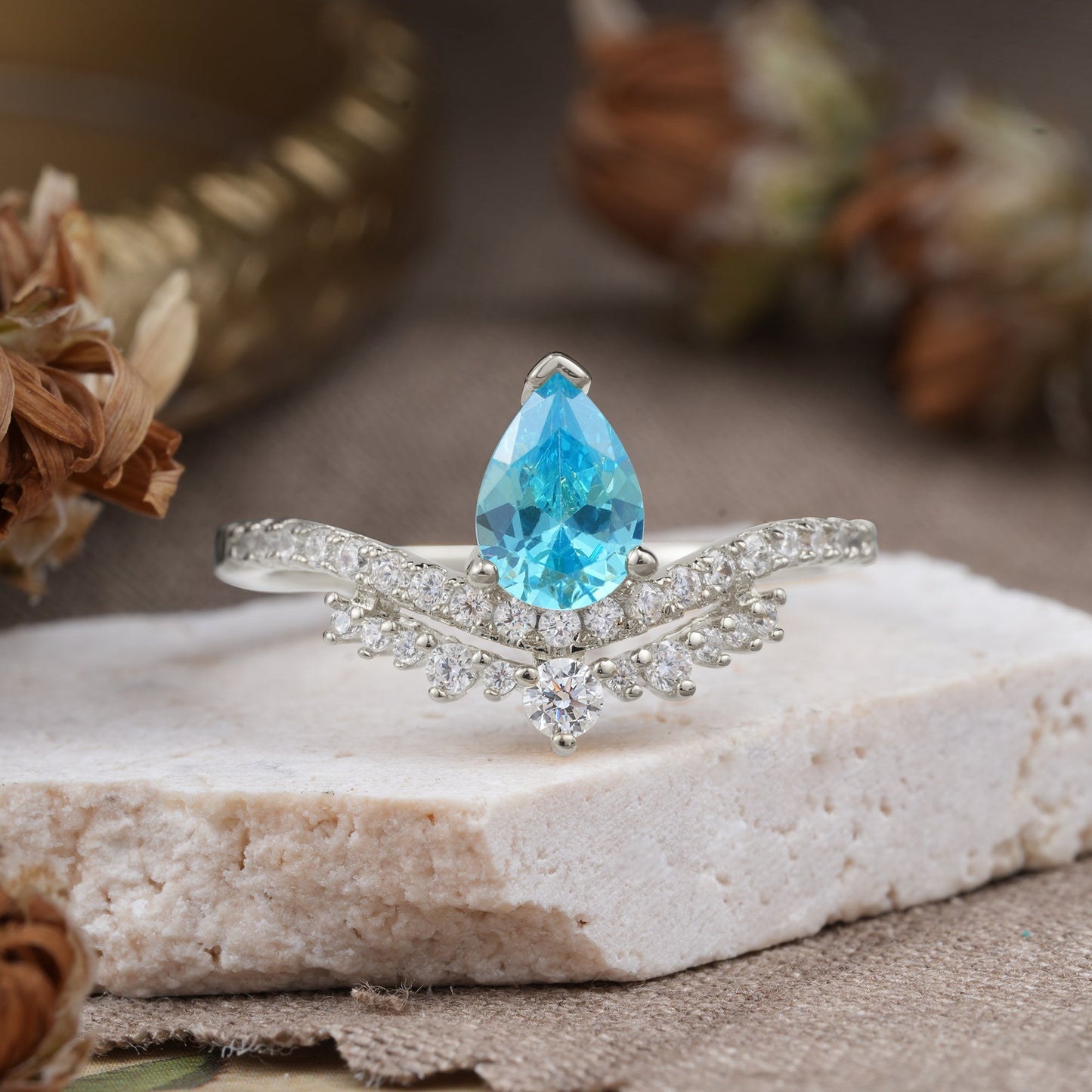 Pear Cut Aquamarine Dainty Crown Engagement Ring