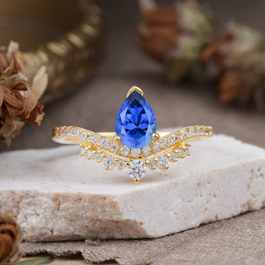 3 Prong Pear Cut Sapphire Dainty Crown Engagement Ring