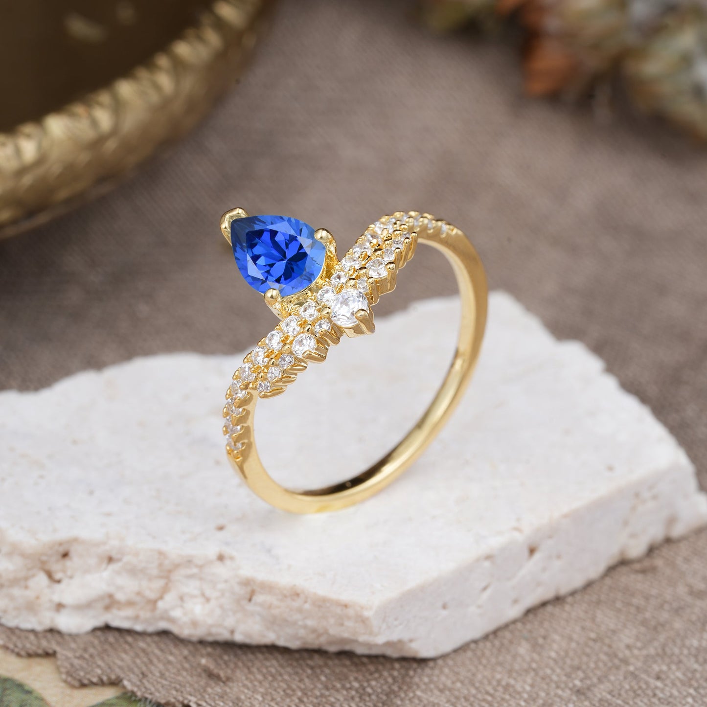 3 Prong Pear Cut Sapphire Dainty Crown Engagement Ring