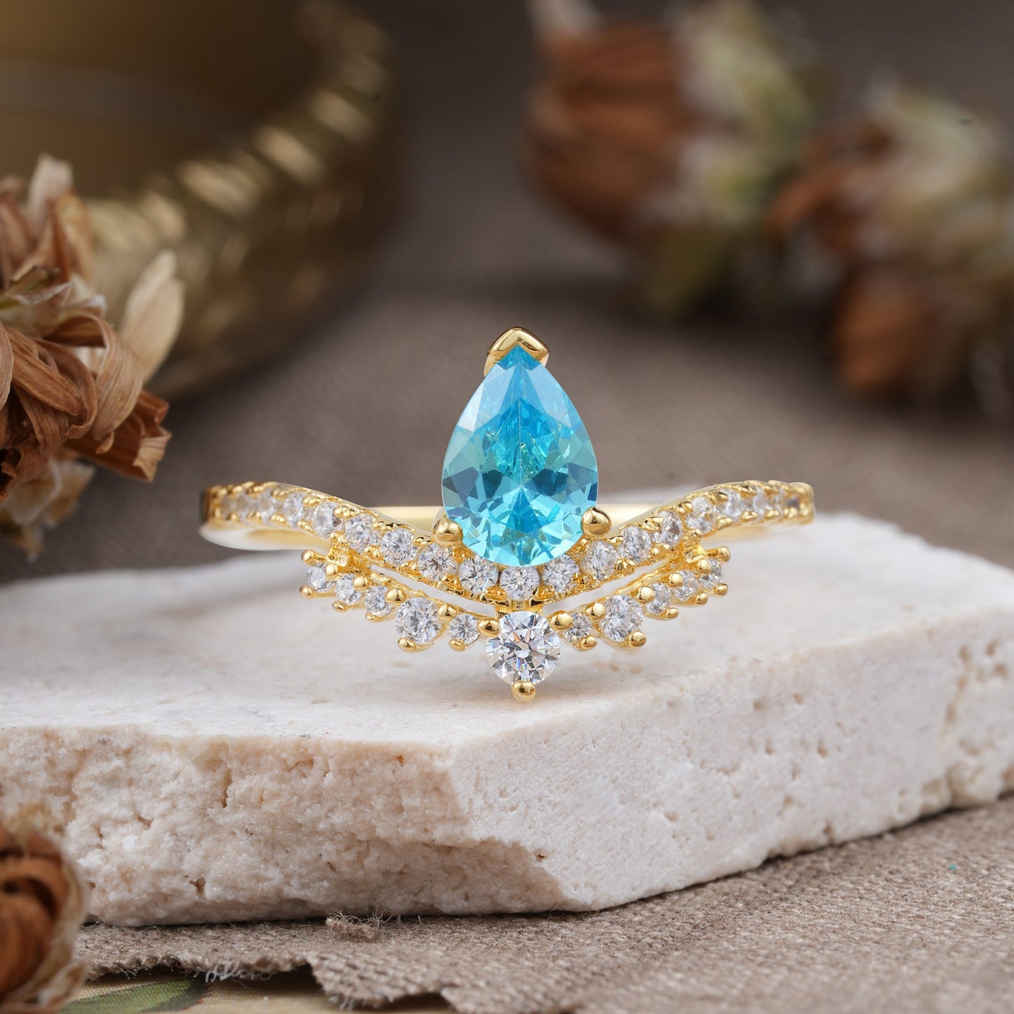 Pear Cut Aquamarine Dainty Crown Engagement Ring
