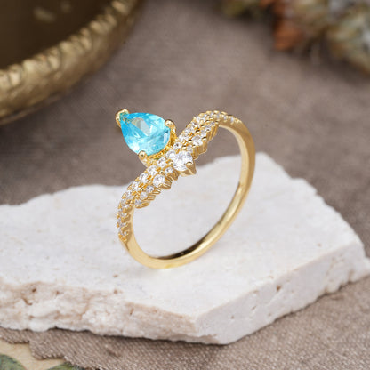 Pear Cut Aquamarine Dainty Crown Engagement Ring