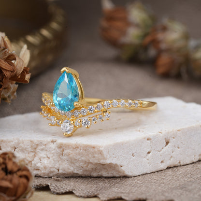 Pear Cut Aquamarine Dainty Crown Engagement Ring