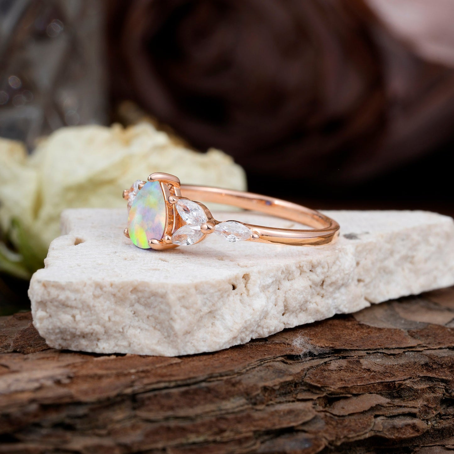 Pear Shaped Opal Nature Inspired Promise Engagement Ring