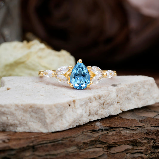 Pear Shaped Aquamarine Nature Inspired Promise Engagement Ring