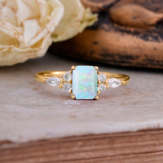 1 Carat 4 Prong Emerald Cut Opal Classic Side Stone Engagement Ring