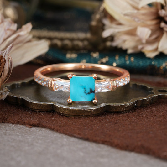 Classic Princess Cut Turquoise Promise Ring Side Stone Engagement Ring