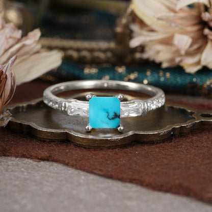 Classic Princess Cut Turquoise Promise Ring Side Stone Engagement Ring