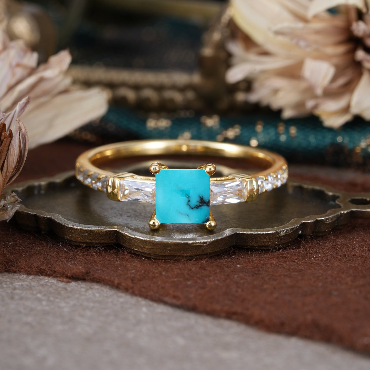 Classic Princess Cut Turquoise Promise Ring Side Stone Engagement Ring