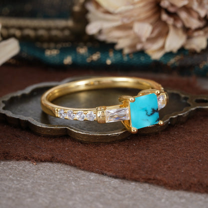 Classic Princess Cut Turquoise Promise Ring Side Stone Engagement Ring