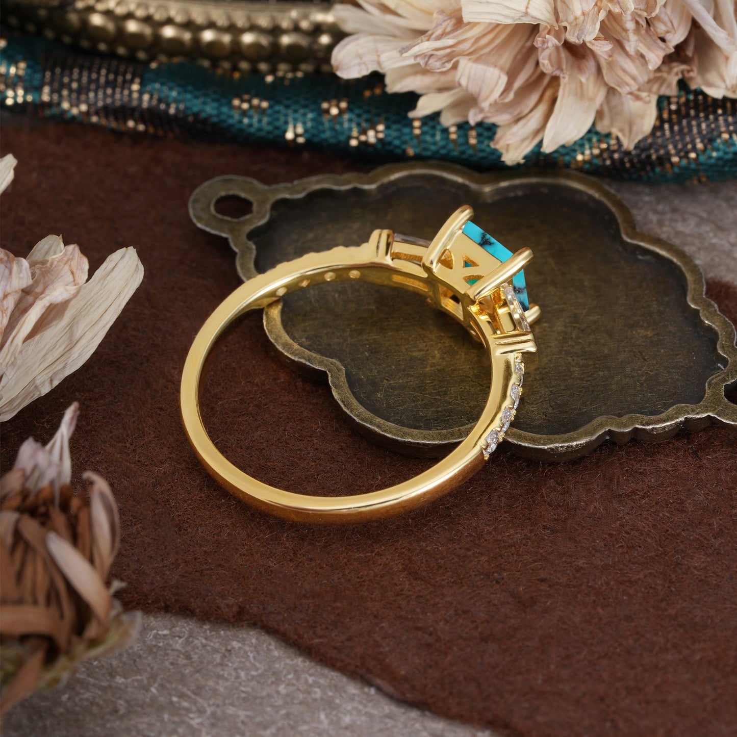 Classic Princess Cut Turquoise Promise Ring Side Stone Engagement Ring