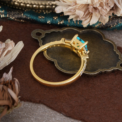 Classic Princess Cut Turquoise Promise Ring Side Stone Engagement Ring