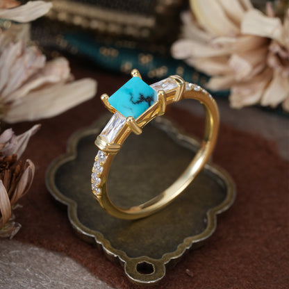 Classic Princess Cut Turquoise Promise Ring Side Stone Engagement Ring