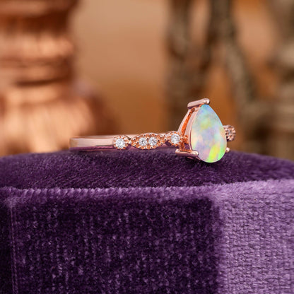 Pear Shaped Vintage Opal Engagement Ring Beaded Promise Ring