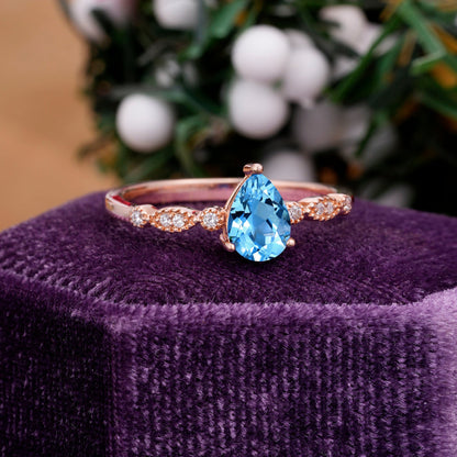 Pear Shaped Vintage Aquamarine Engagement Ring Beaded Promise Ring