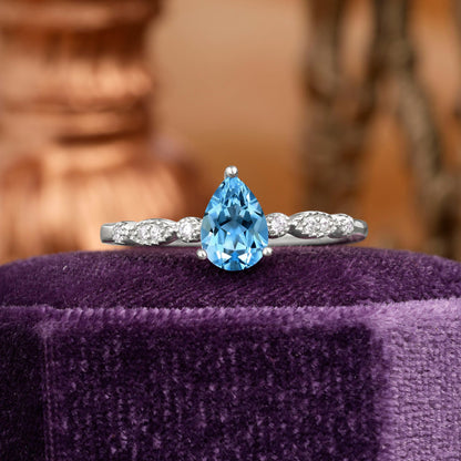 Pear Shaped Vintage Aquamarine Engagement Ring Beaded Promise Ring
