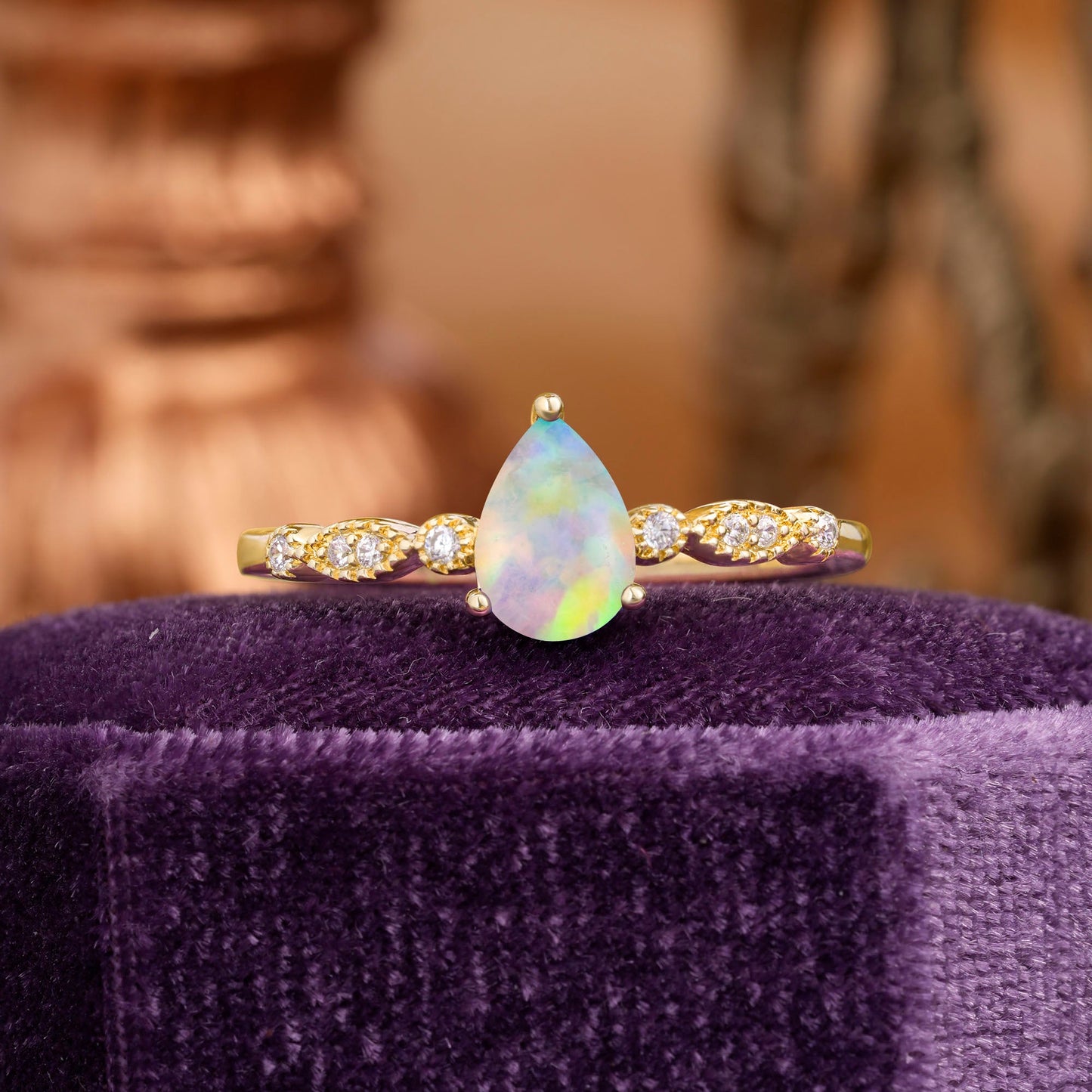 Pear Shaped Vintage Opal Engagement Ring Beaded Promise Ring