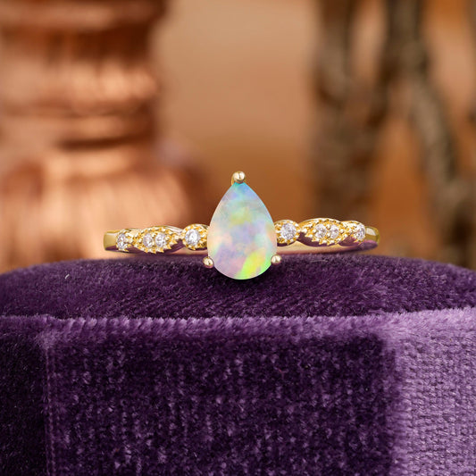 Pear Shaped Vintage Opal Engagement Ring Beaded Promise Ring