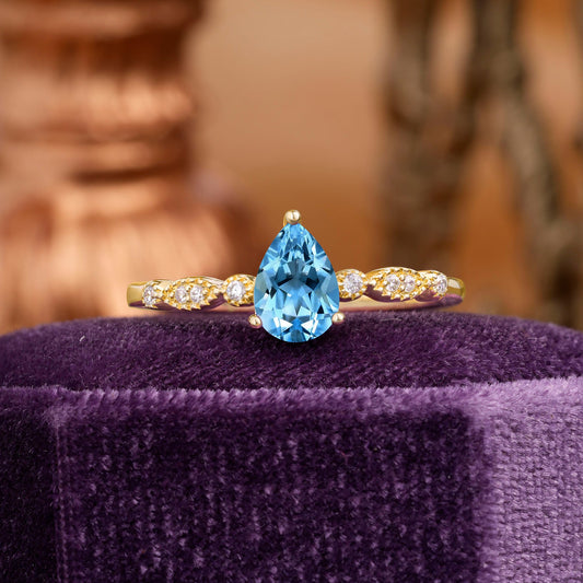 Pear Shaped Vintage Aquamarine Engagement Ring Beaded Promise Ring