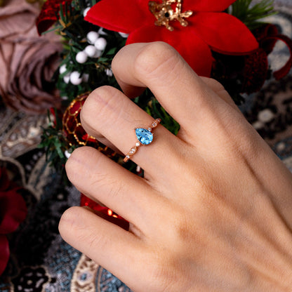 Pear Shaped Vintage Aquamarine Engagement Ring Beaded Promise Ring