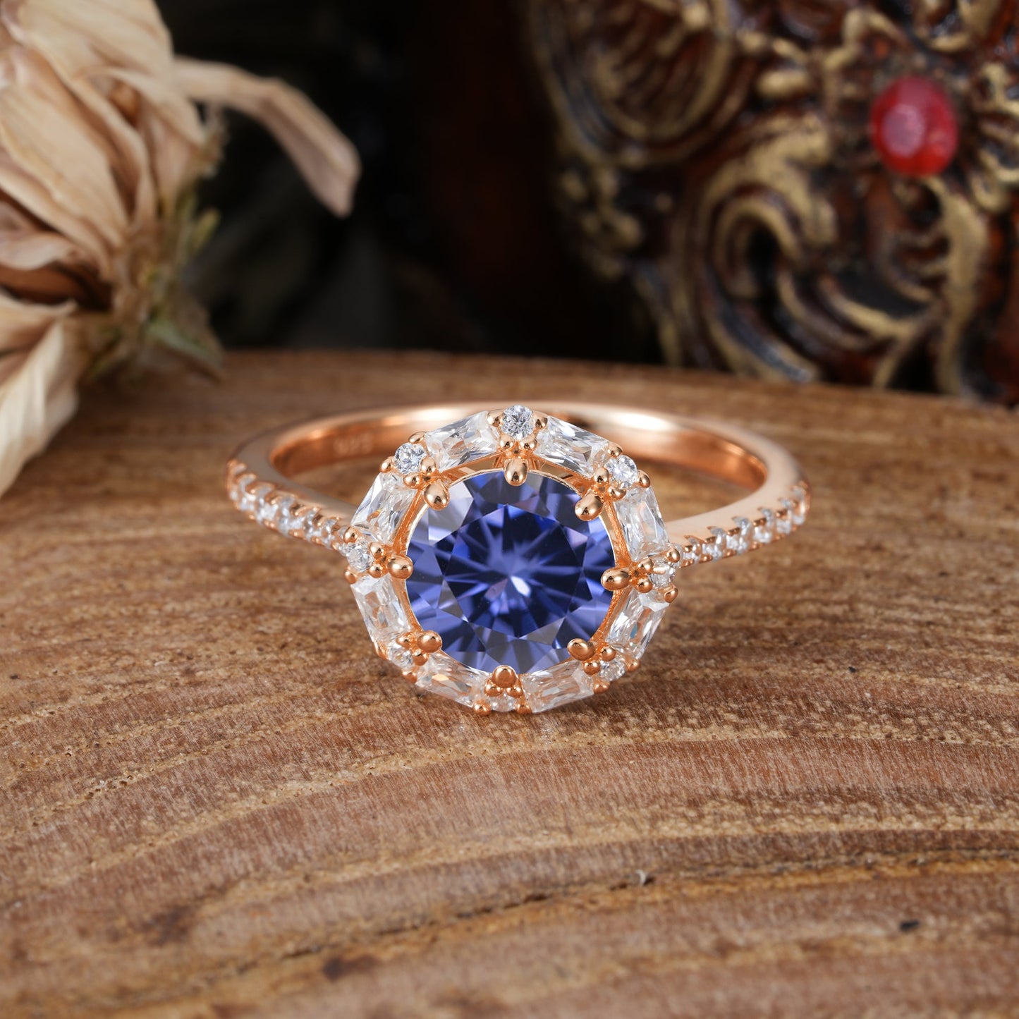 1.5 Carat Round Cut Halo Cluster Tanzanite Engagement Ring