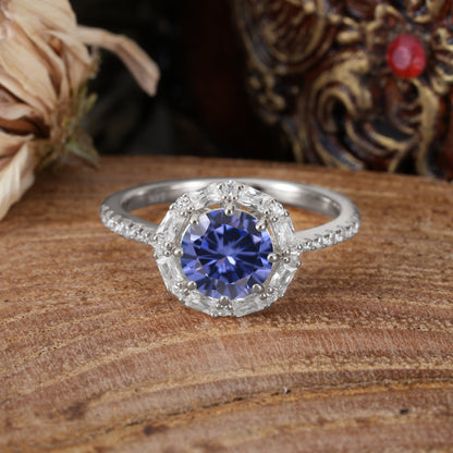 1.5 Carat Round Cut Halo Cluster Tanzanite Engagement Ring