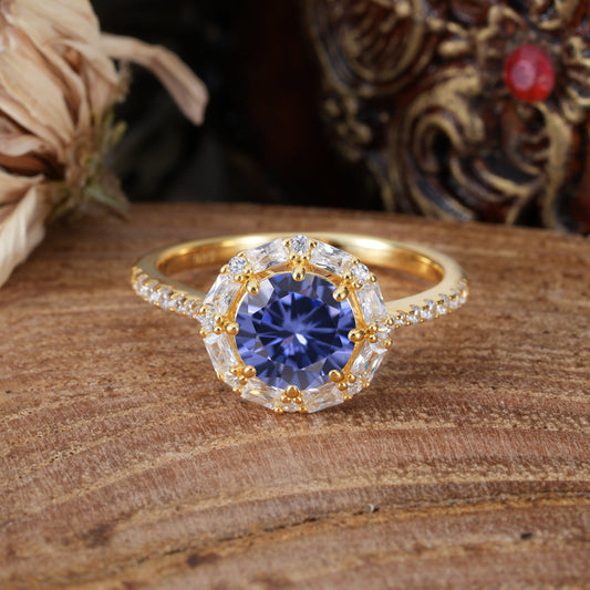 1.5 Carat Round Cut Halo Cluster Tanzanite Engagement Ring