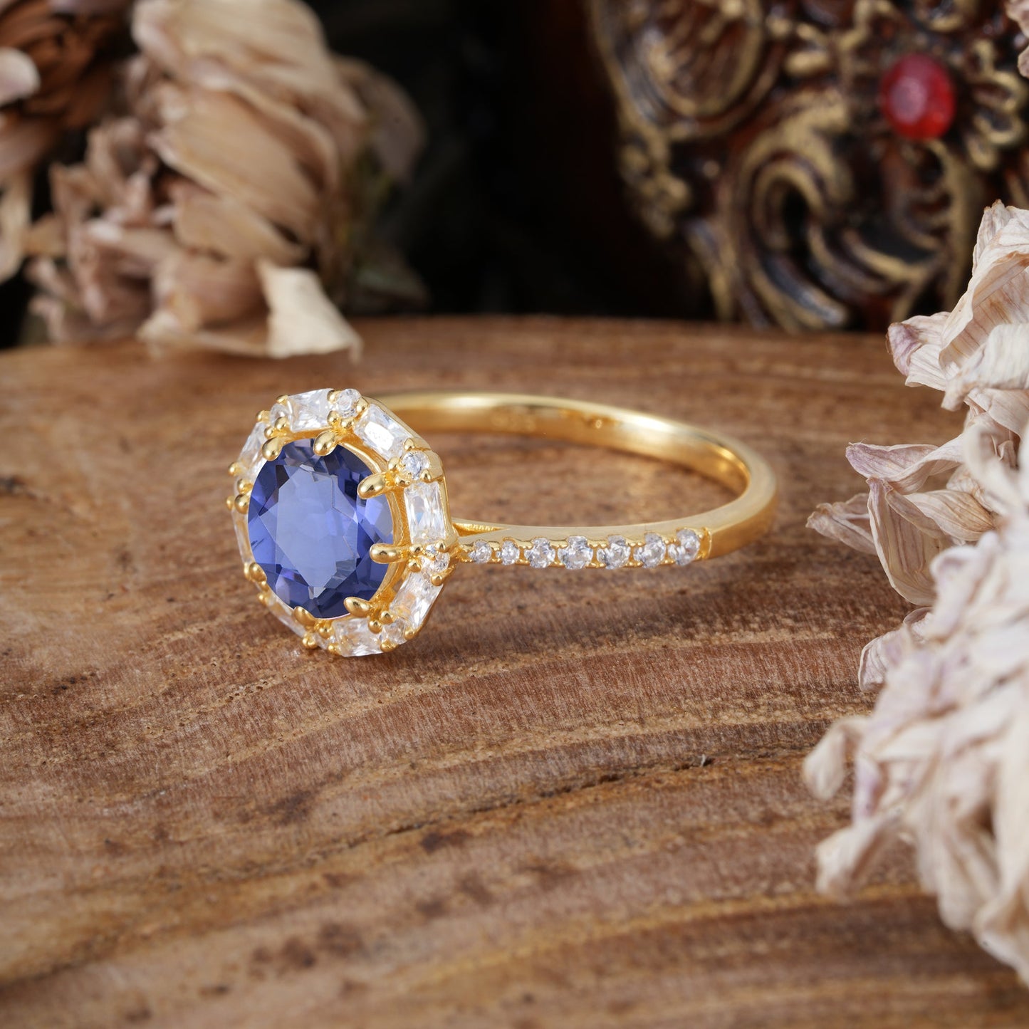 1.5 Carat Round Cut Halo Cluster Tanzanite Engagement Ring