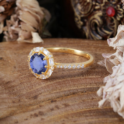 1.5 Carat Round Cut Halo Cluster Tanzanite Engagement Ring