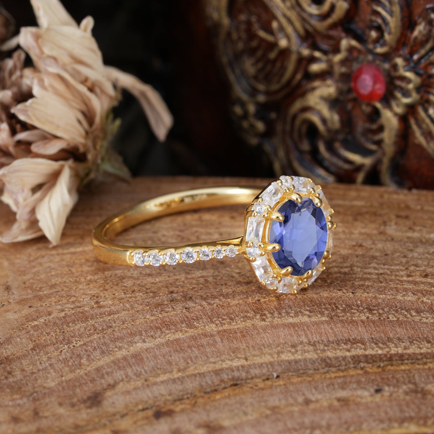 1.5 Carat Round Cut Halo Cluster Tanzanite Engagement Ring