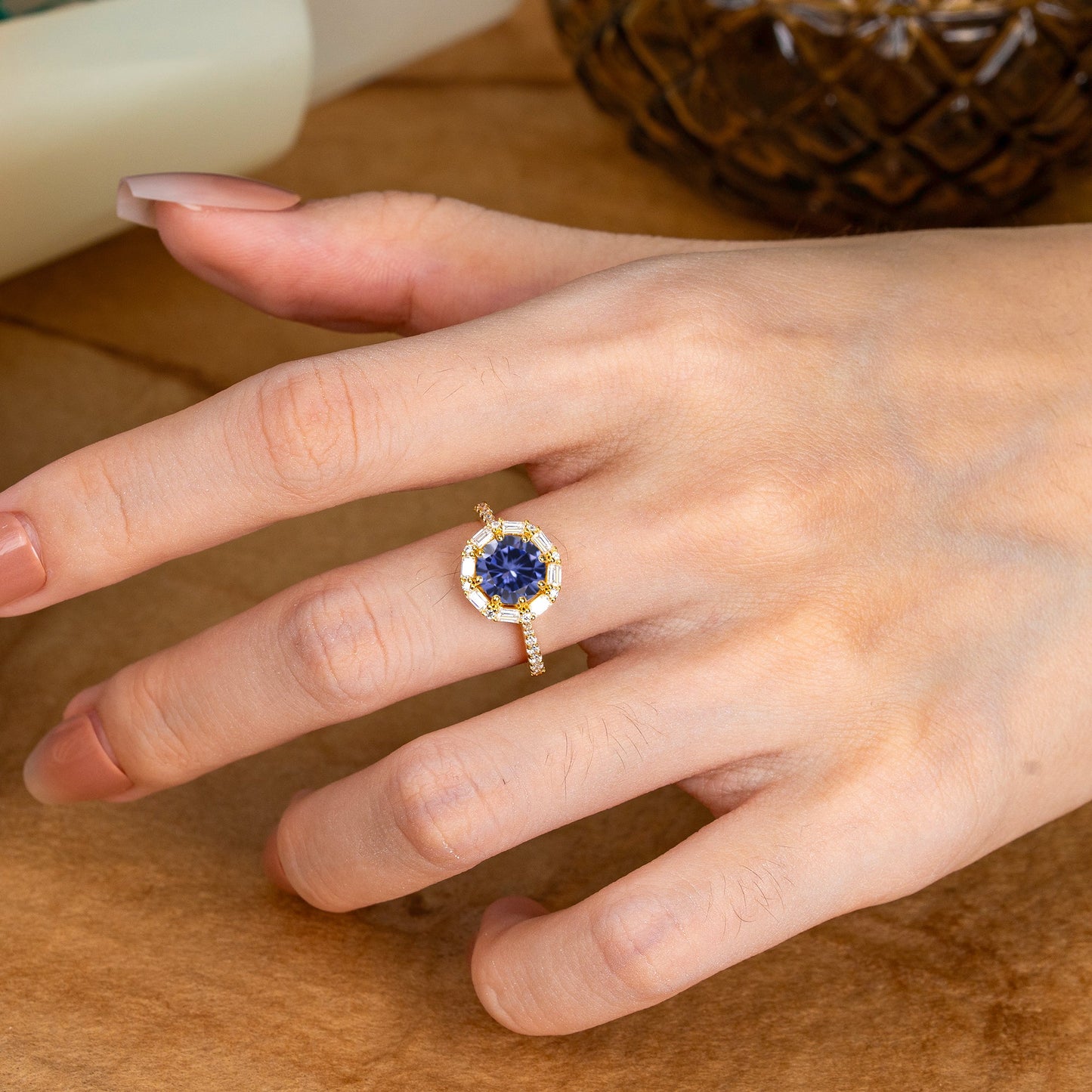1.5 Carat Round Cut Halo Cluster Tanzanite Engagement Ring