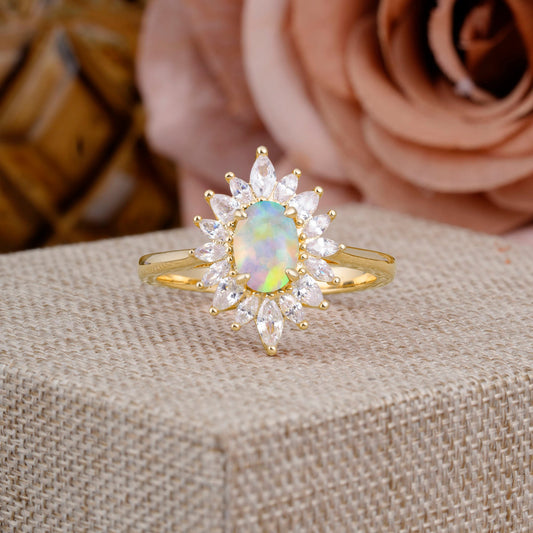 1 Carat Oval Cut Flower Opal Halo Engagement Ring