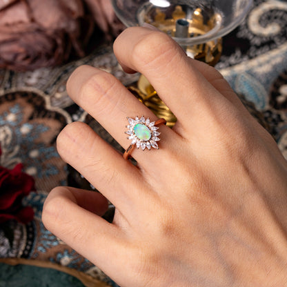 1 Carat Oval Cut Flower Opal Halo Engagement Ring