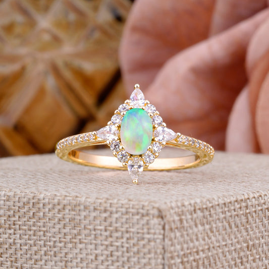 Vintage 4 Prong Oval Cut Opal Engagement Ring Cluster Pave Bridal Ring
