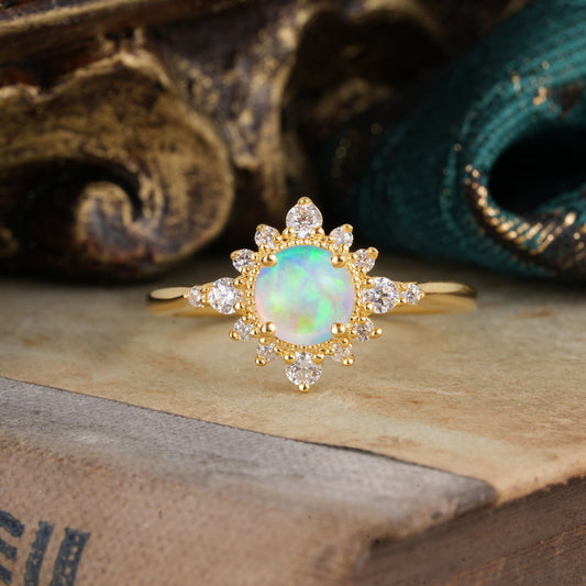 Classic 4 Prong Round Cut Cluster Opal Flower Engagement Ring