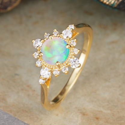 Classic 4 Prong Round Cut Cluster Opal Flower Engagement Ring
