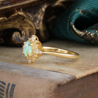 Classic 4 Prong Round Cut Cluster Opal Flower Engagement Ring