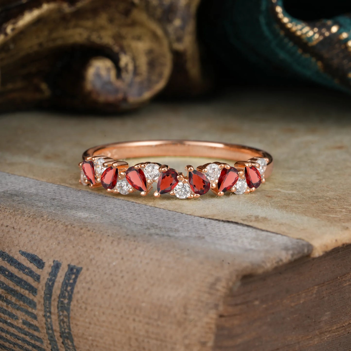 Pear Cut Classic  Garnet Half Eternity Wedding Band Anniversary Ring