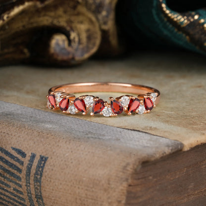 Pear Cut Classic  Garnet Half Eternity Wedding Band Anniversary Ring