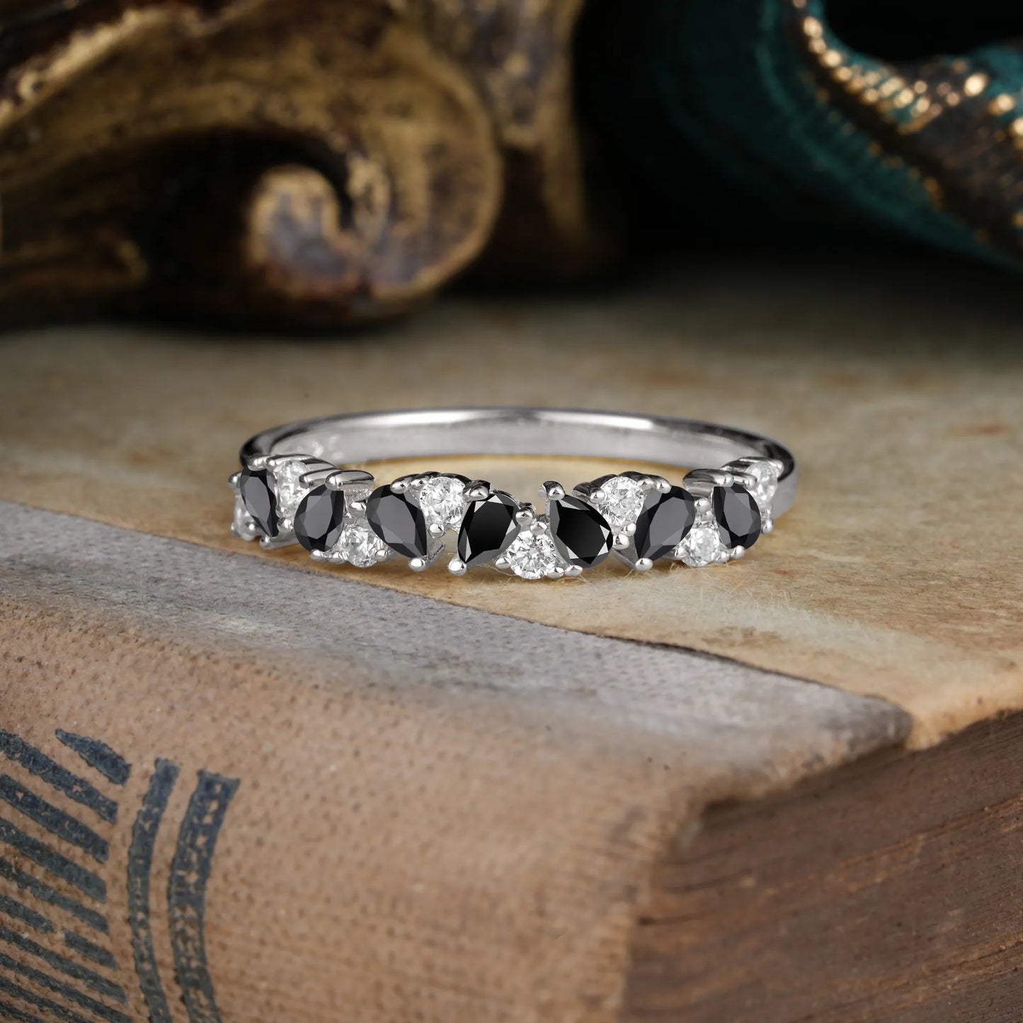 Pear Cut Classic Black Onyx Half Eternity Wedding Band Anniversary Ring