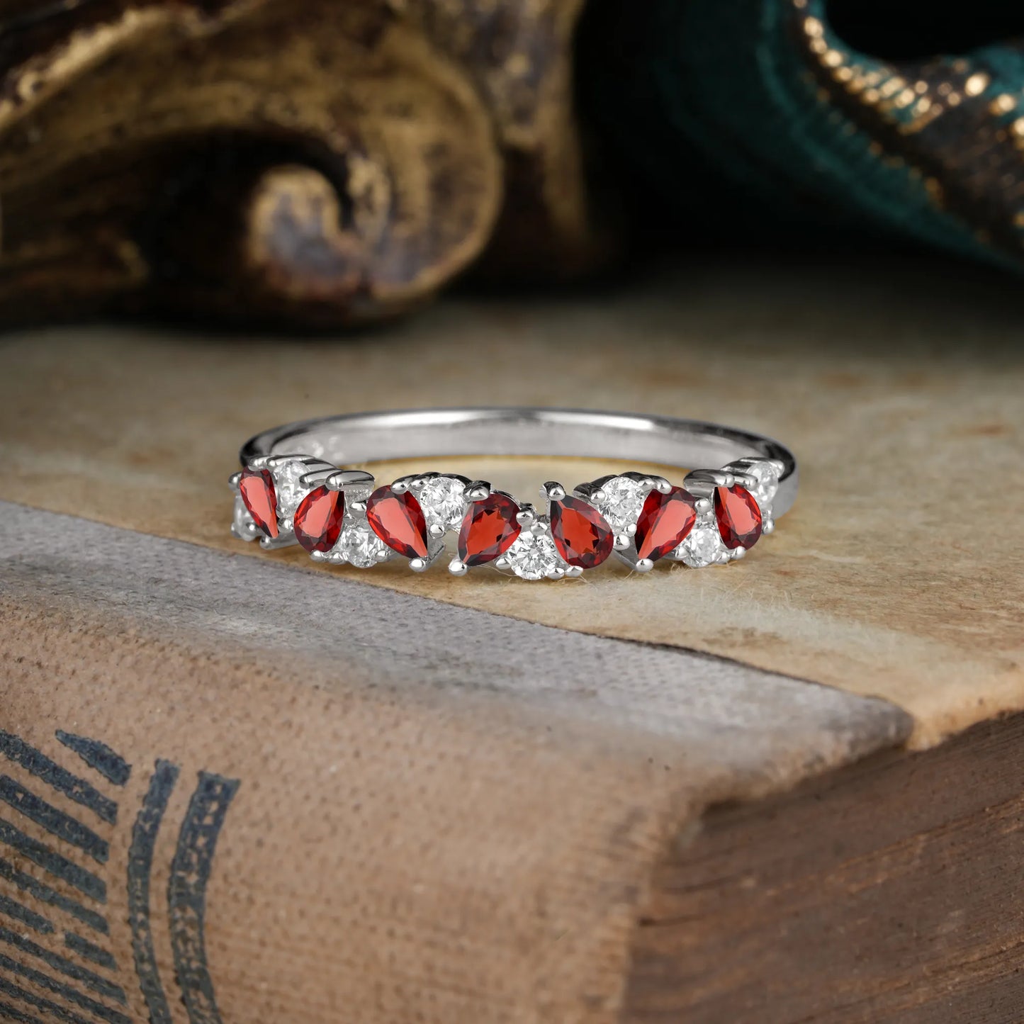 Pear Cut Classic  Garnet Half Eternity Wedding Band Anniversary Ring