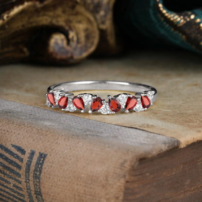 Pear Cut Classic  Garnet Half Eternity Wedding Band Anniversary Ring