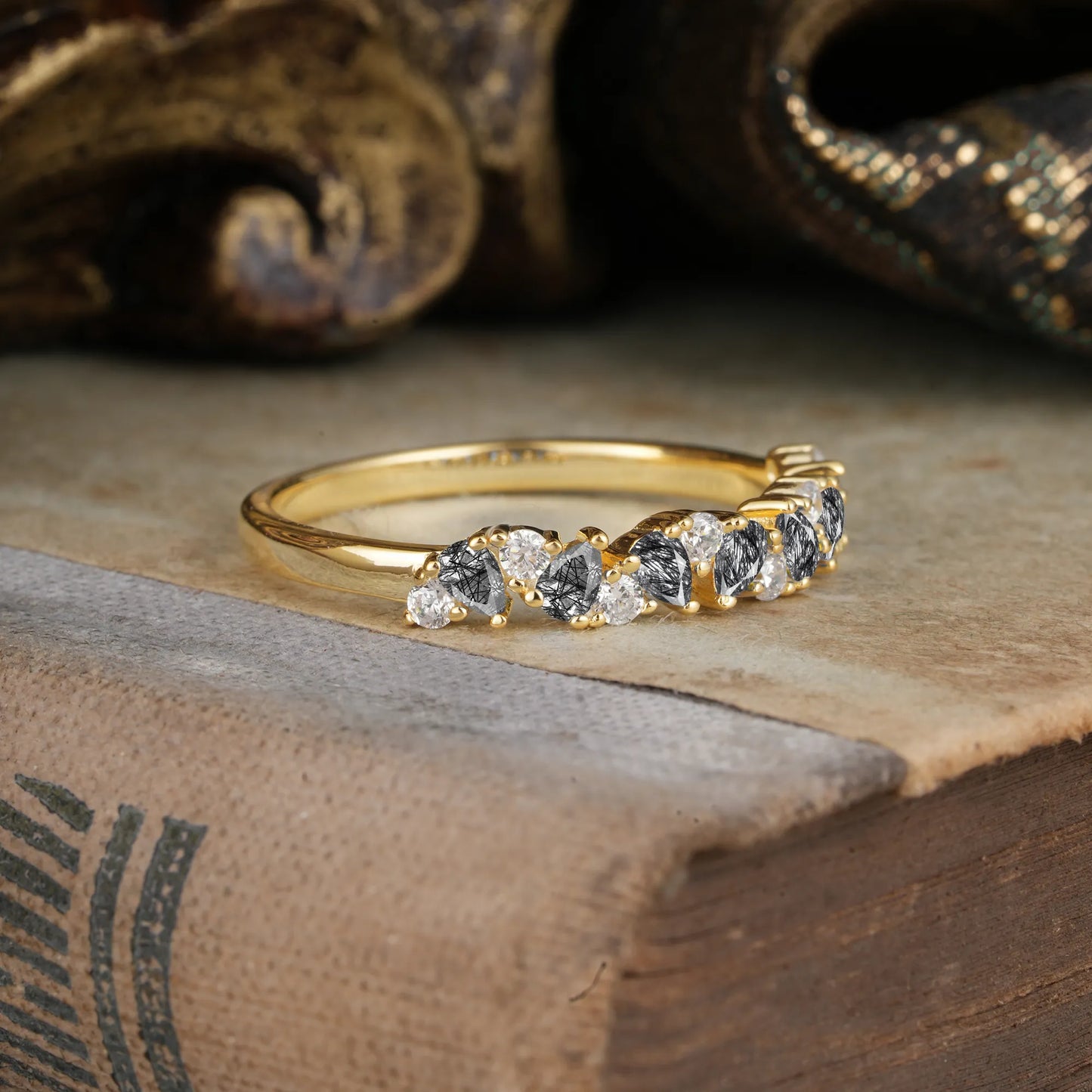 Pear Cut Classic Black Rutilated Quartz Half Eternity Wedding Band Anniversary Ring